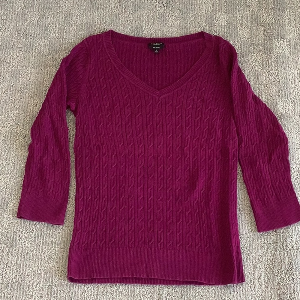 Talbots Magenta V-Neck Cable Knit Sweater